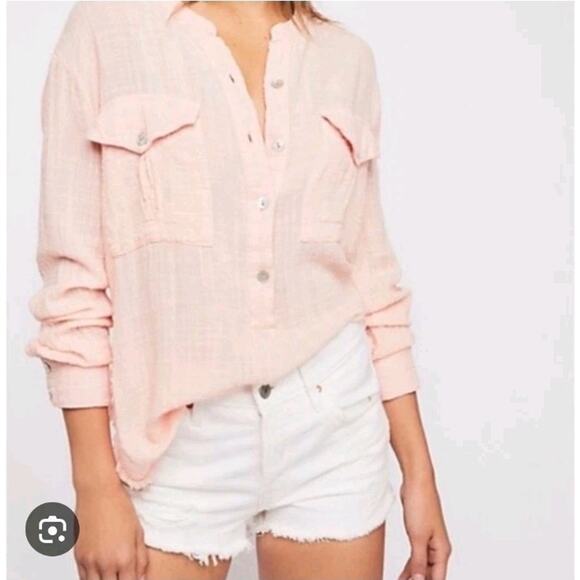 We The Free Tops - We The Free Light Coral Sheer Button Up Long Sleeve Boho Weatern Shirt Size XS
